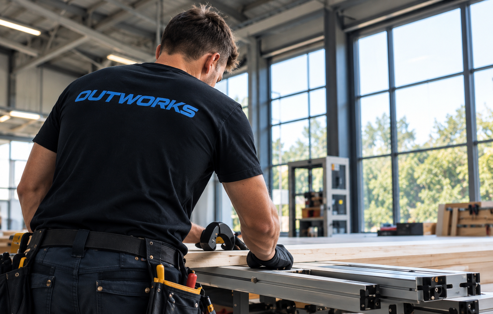 Timmerman in zwart OUTWORKS-shirt aan het werk op de bouwplaats