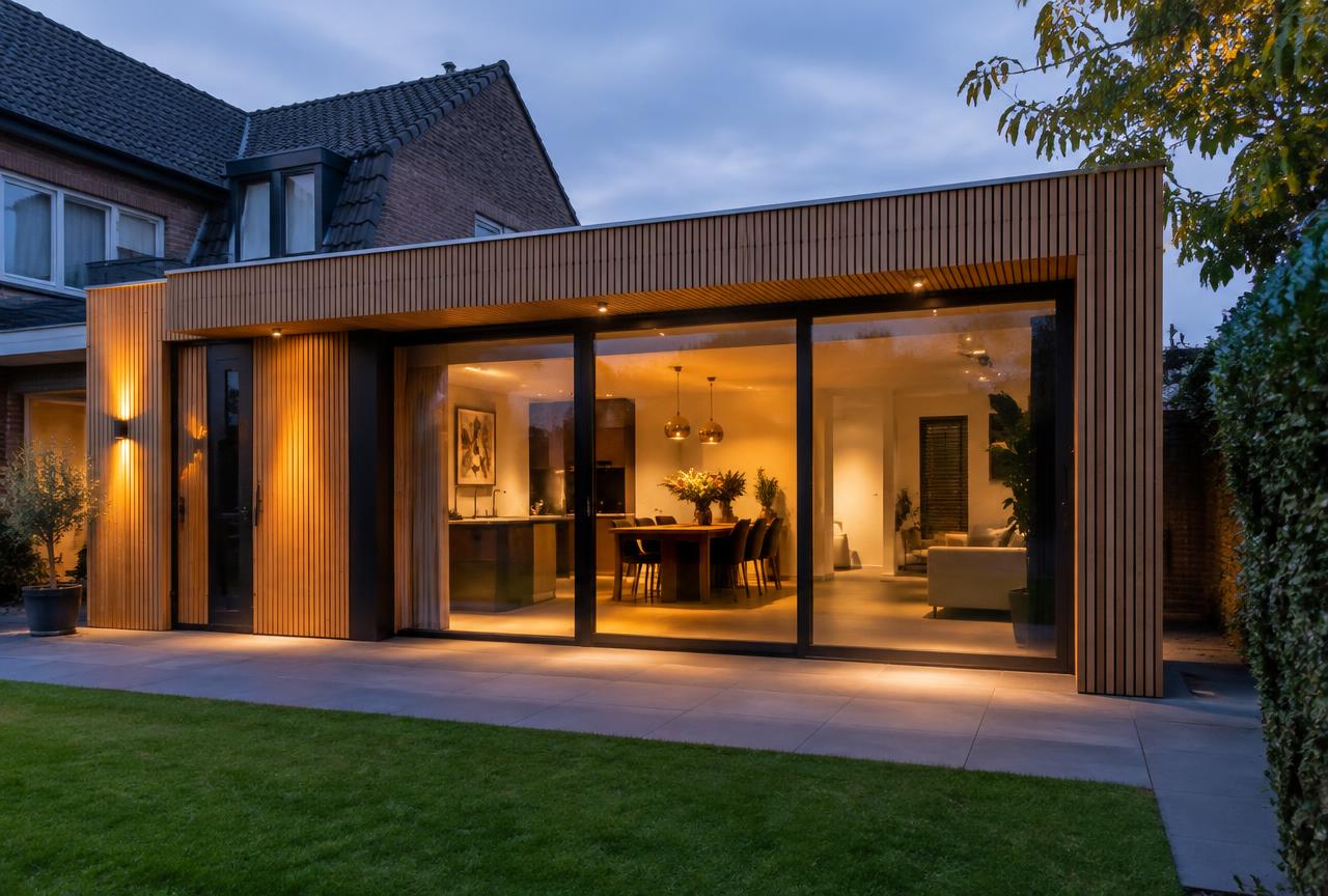 Aanbouw met houten gevelbekleding bij een woning