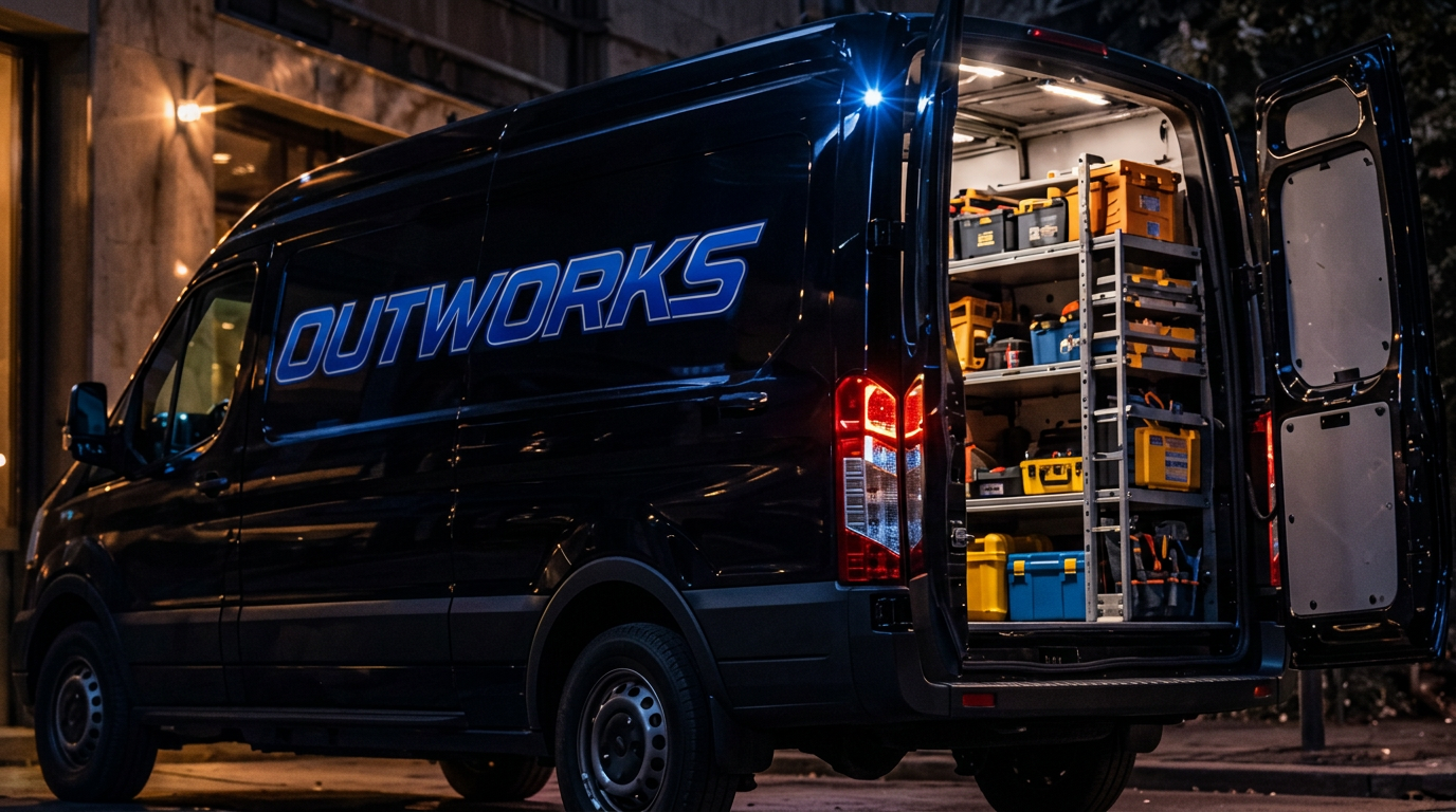 Donkere werkbus met open achterdeuren 's avonds voor een woning